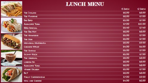 Chalk Board Menu - 20 Items with 2 Price Levels in Maroon color