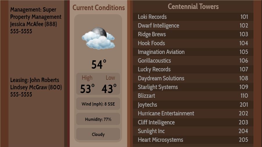 Lobby Directory with Current Weather - 15 Items in Brown color