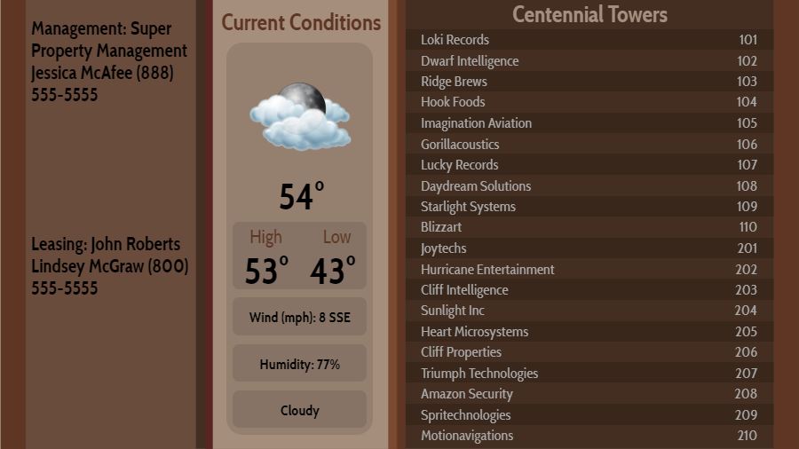 Lobby Directory with Current Weather - 20 Items in Brown color