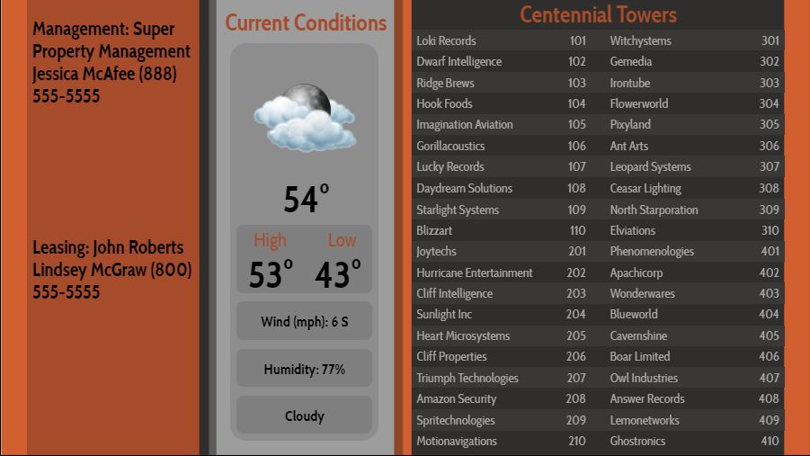 Lobby Directory with Current Weather - 40 Items in Orange color