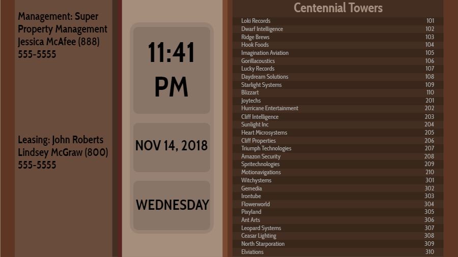 Lobby Directory with Date and Time - 30 Items in Brown color