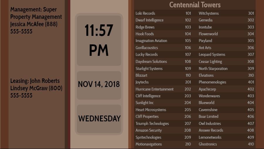 Lobby Directory with Date and Time - 40 Items in Brown color