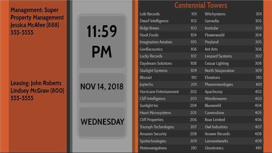 Lobby Directory with Date and Time - 40 Items in Orange color