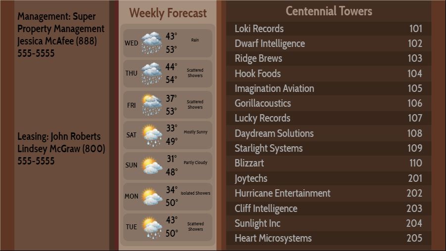 Lobby Directory with Weekly Weather - 15 Items in Brown color