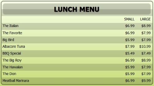 Digital Menu Board - 10 Items with 2 Price Levels in Green color