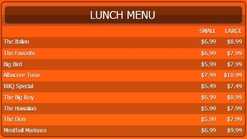 Digital Menu Board - 10 Items with 2 Price Levels in Orange color