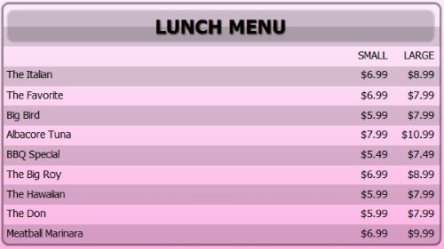 Digital Menu Board - 10 Items with 2 Price Levels in Pink color