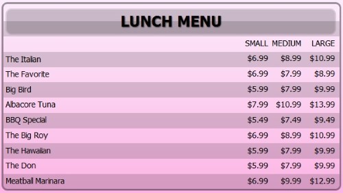 Digital Menu Board - 10 Items with 3 Price Levels in Pink color