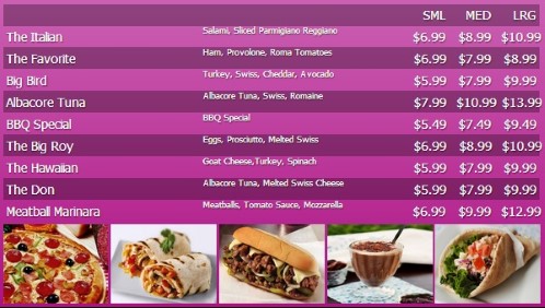 Digital Menu Board - 10 Items with 3 Price Levels in Purple color