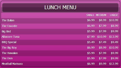 Digital Menu Board - 10 Items with 3 Price Levels in Purple color