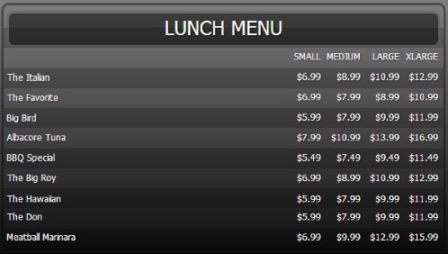 Digital Menu Board - 10 Items with 4 Price Levels in Black color