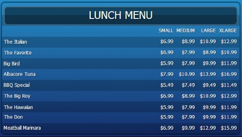 Digital Menu Board - 10 Items with 4 Price Levels in Blue color