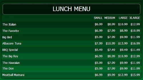 Digital Menu Board - 10 Items with 4 Price Levels in Green color