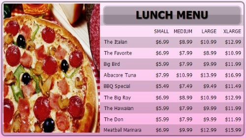 Digital Menu Board - 10 Items with 4 Price Levels in Pink color