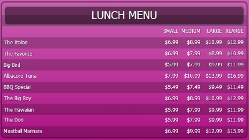Digital Menu Board - 10 Items with 4 Price Levels in Purple color
