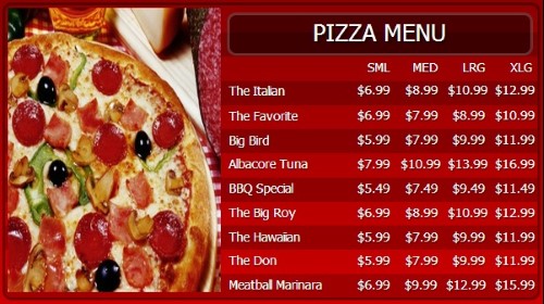 Digital Menu Board - 10 Items with 4 Price Levels in Red color