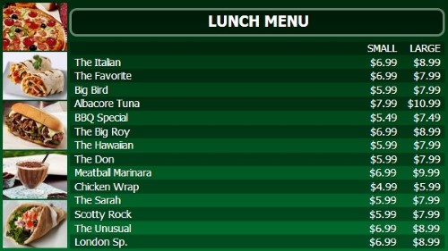 Digital Menu Board - 15 Items with 2 Price Levels in Green color