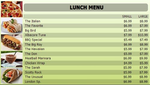 Digital Menu Board - 15 Items with 2 Price Levels in Green color