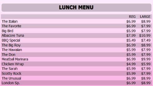 Digital Menu Board - 15 Items with 2 Price Levels in Pink color