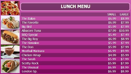 Digital Menu Board - 15 Items with 2 Price Levels in Purple color