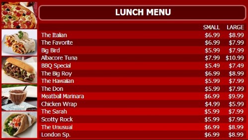 Digital Menu Board - 15 Items with 2 Price Levels in Red color