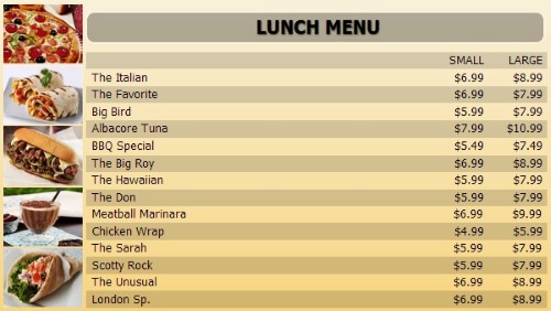 Digital Menu Board - 15 Items with 2 Price Levels in Yellow color