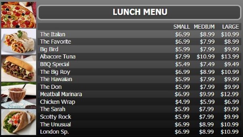 Digital Menu Board - 15 Items with 3 Price Levels in Black color