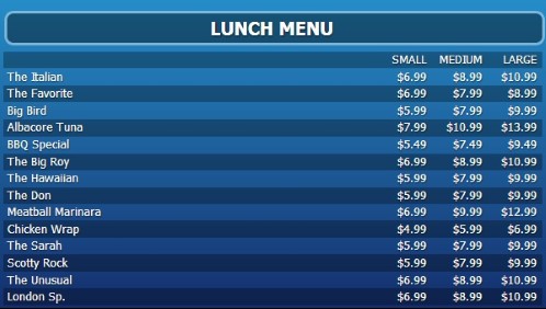Digital Menu Board - 15 Items with 3 Price Levels in Blue color