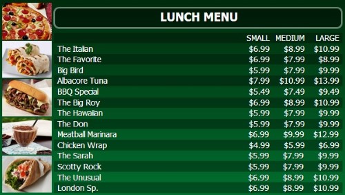 Digital Menu Board - 15 Items with 3 Price Levels in Green color