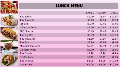 Digital Menu Board - 15 Items with 3 Price Levels in Pink color