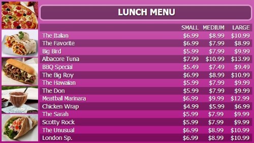 Digital Menu Board - 15 Items with 3 Price Levels in Purple color