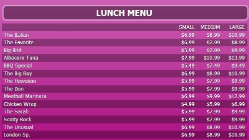 Digital Menu Board - 15 Items with 3 Price Levels in Purple color