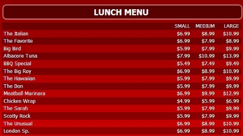 Digital Menu Board - 15 Items with 3 Price Levels in Red color