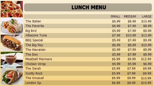 Digital Menu Board - 15 Items with 3 Price Levels in Yellow color