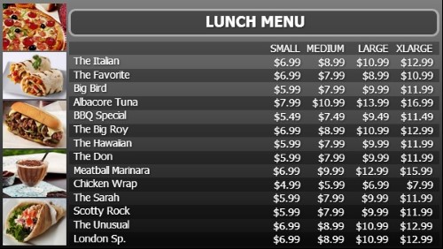 Digital Menu Board - 15 Items with 4 Price Levels in Black color