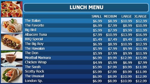 Digital Menu Board - 15 Items with 4 Price Levels in Blue color