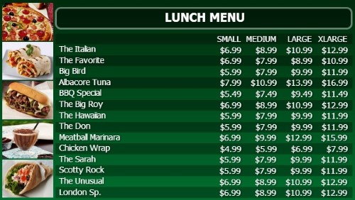 Digital Menu Board - 15 Items with 4 Price Levels in Green color
