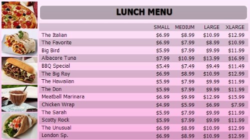 Digital Menu Board - 15 Items with 4 Price Levels in Pink color