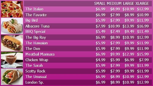 Digital Menu Board - 15 Items with 4 Price Levels in Purple color