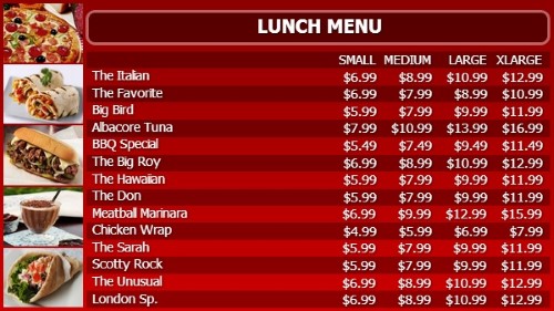 Digital Menu Board - 15 Items with 4 Price Levels in Red color