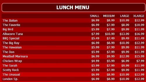 Digital Menu Board - 15 Items with 4 Price Levels in Red color