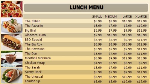 Digital Menu Board - 15 Items with 4 Price Levels in Yellow color