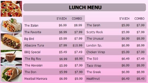 Digital Menu Board - 20 Items with 2 Price Levels in Pink color