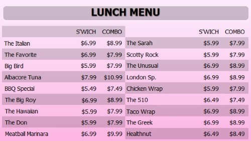 Digital Menu Board - 20 Items with 2 Price Levels in Pink color
