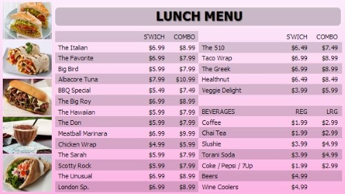 Digital Menu Board - 30 Items with 2 Price Levels in Pink color