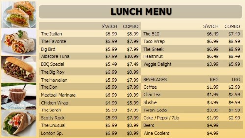 Digital Menu Board - 30 Items with 2 Price Levels in Yellow color