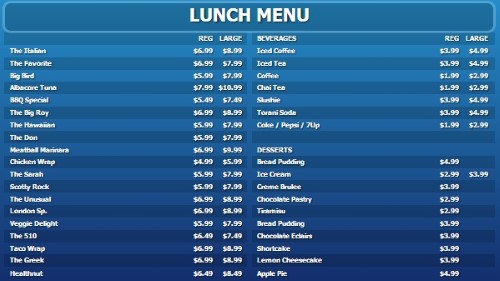 Digital Menu Board - 40 Items with 2 Price Levels in Blue color