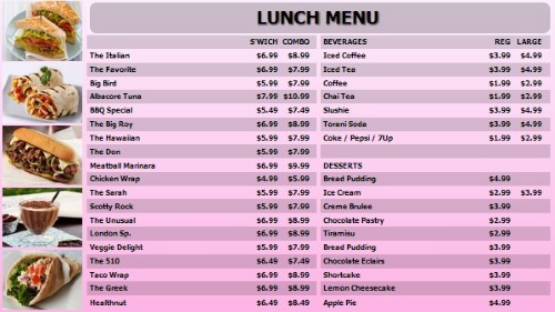 Digital Menu Board - 40 Items with 2 Price Levels in Pink color
