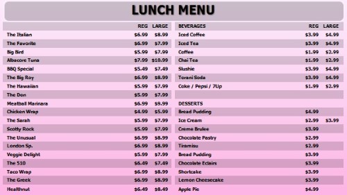 Digital Menu Board - 40 Items with 2 Price Levels in Pink color