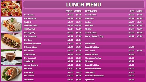 Digital Menu Board - 40 Items with 2 Price Levels in Purple color